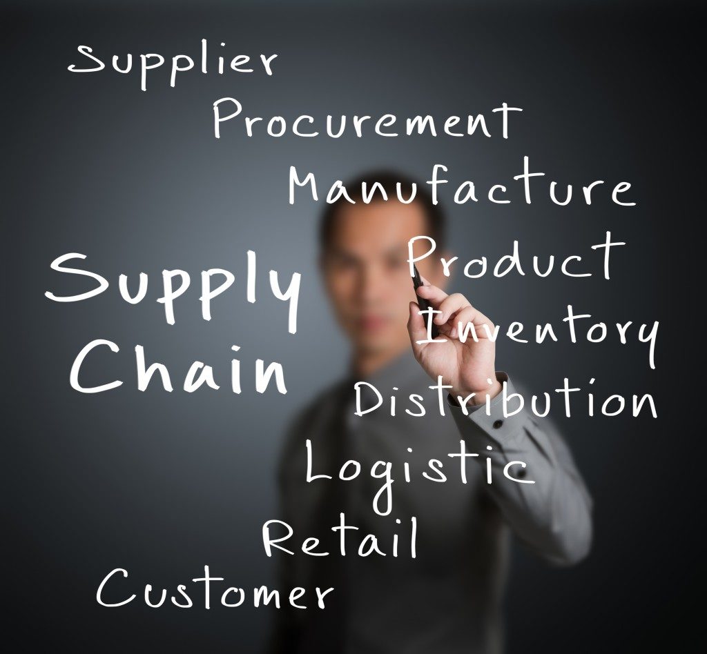 Business man writing supply chain management concept