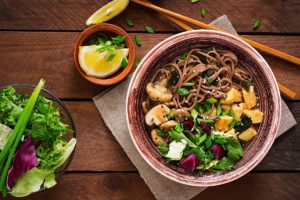 Vegan meal in a wooden bowl