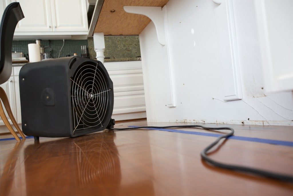 Using dehumidifier on damaged floor and furniture