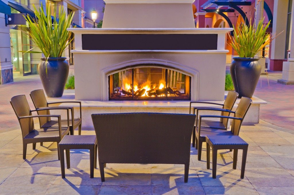 A generic outdoor fireplace at night