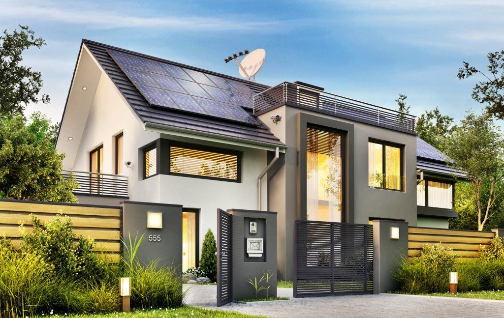 modern house with solar panel roofing