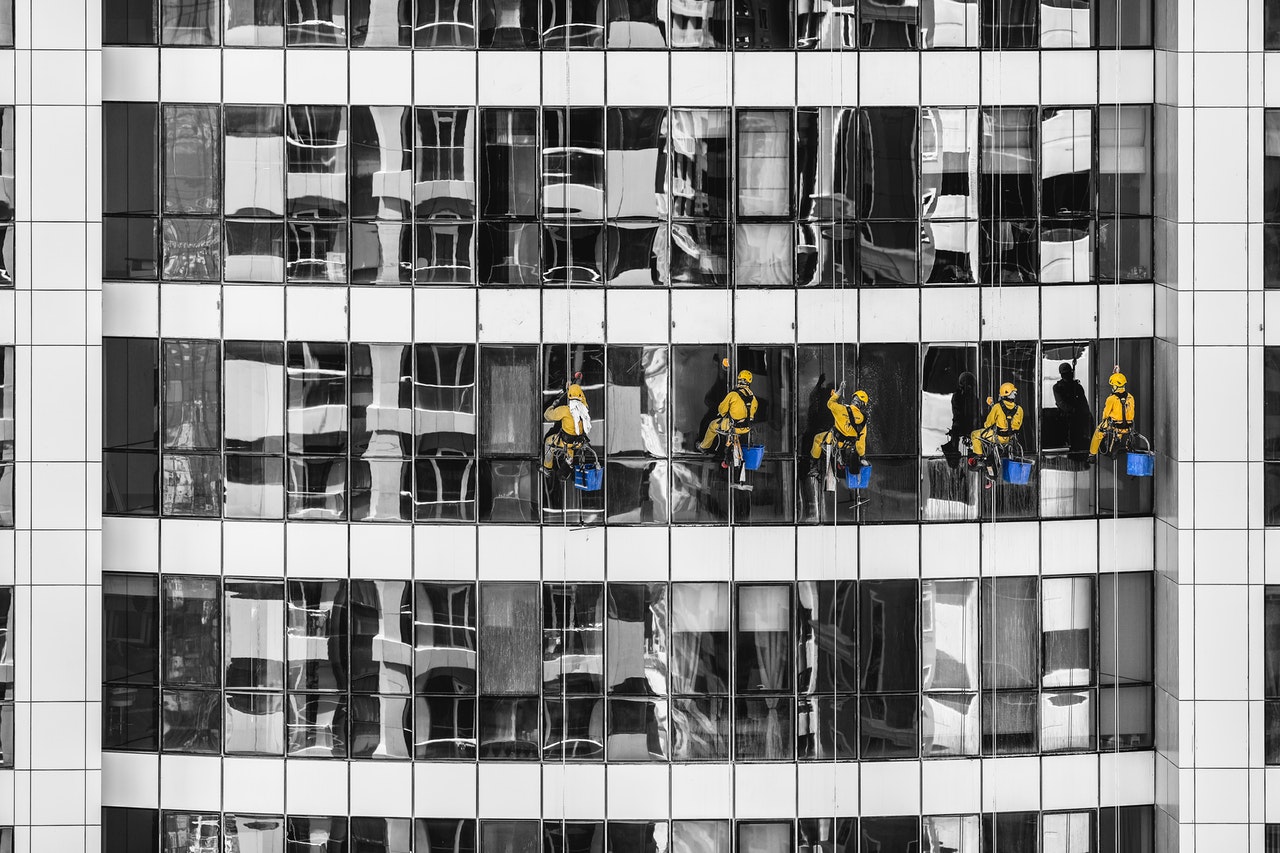 a group of people cleaning the windows of a building